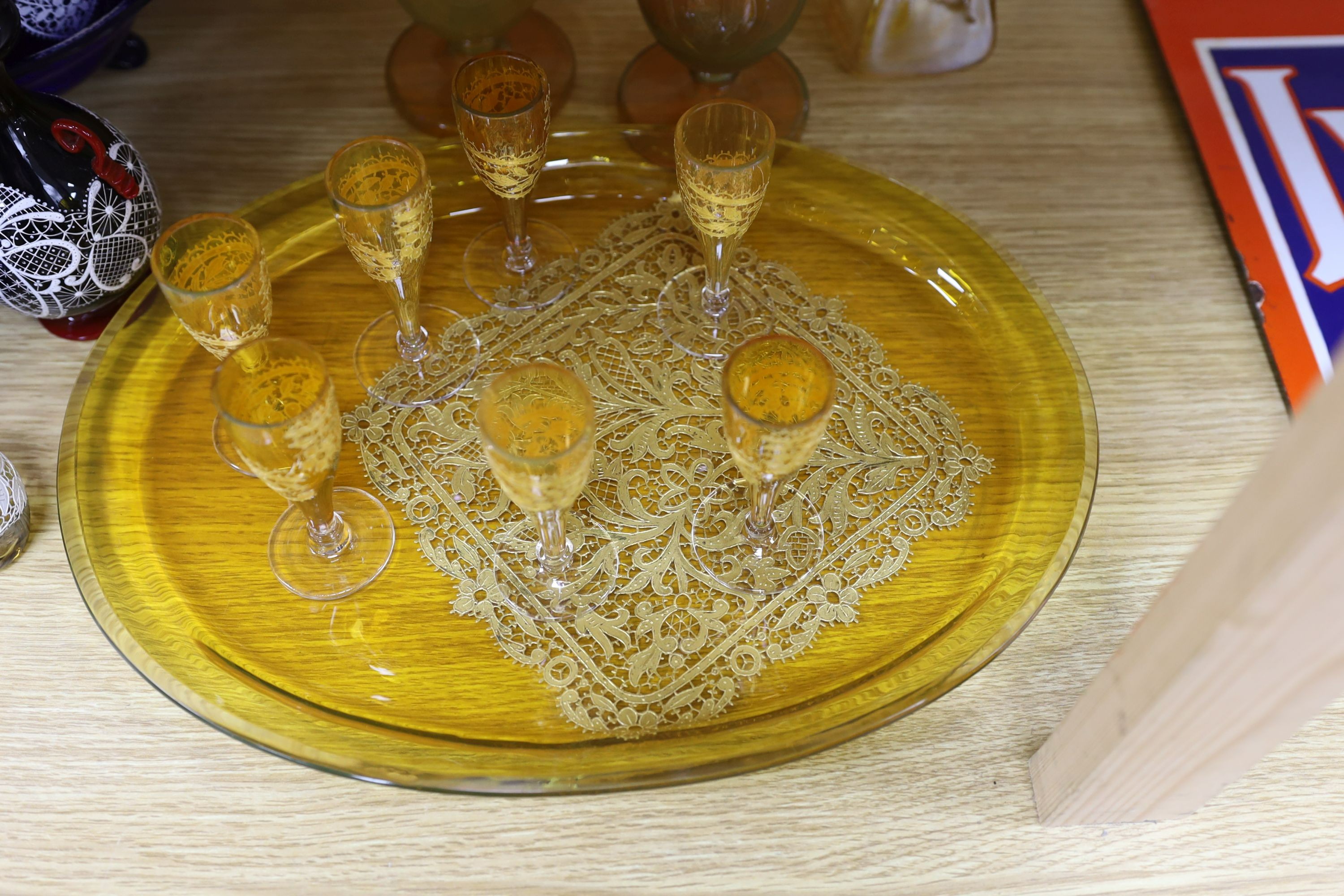 Selection of Venetian lace-pattern coloured glassware including an amber liqueur set